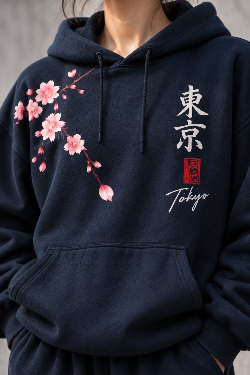Close-up of the chest of the hoodie: 東京 in cream brush calligraphy, a red seal and Tokyo in script, the sakura branch on the other side