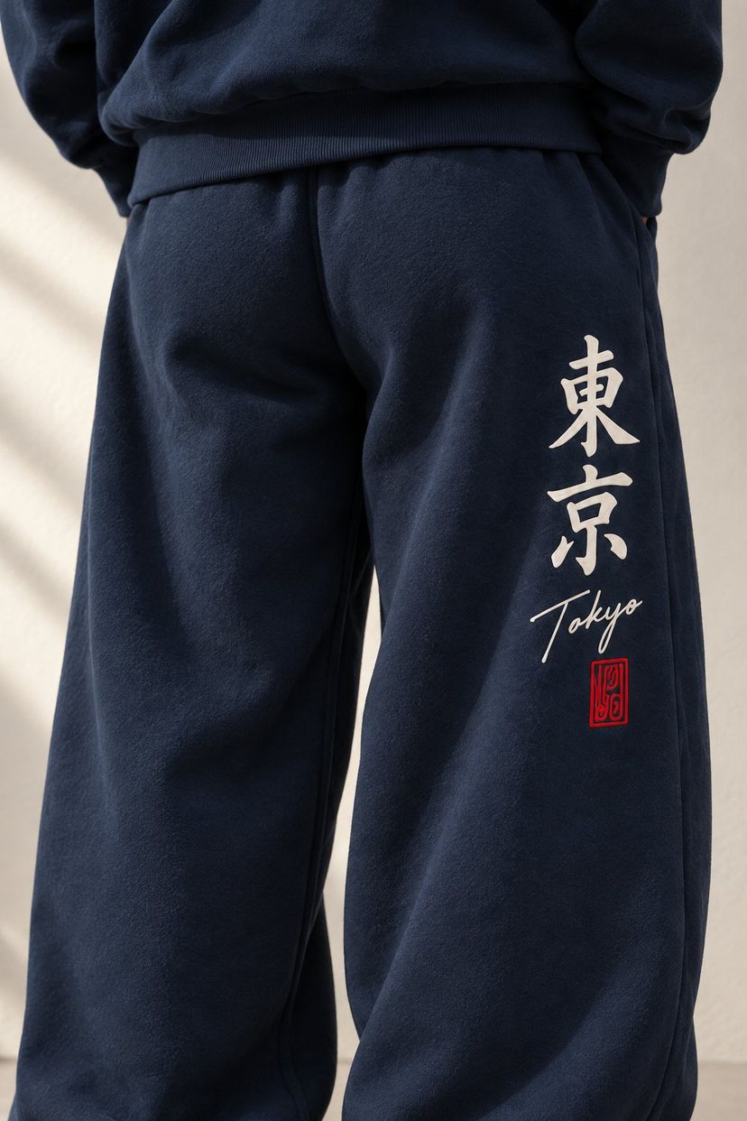 Close-up of the back of the right leg of the pants: 東京 in brush calligraphy, Tokyo in script and the red seal