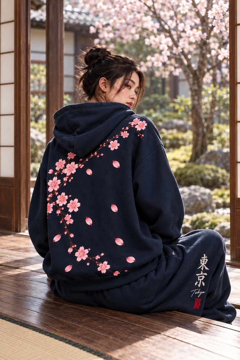 A woman sits on the wooden veranda of a Japanese house with her back to the camera: the sakura branch printed across the back of the navy hoodie, a garden beyond