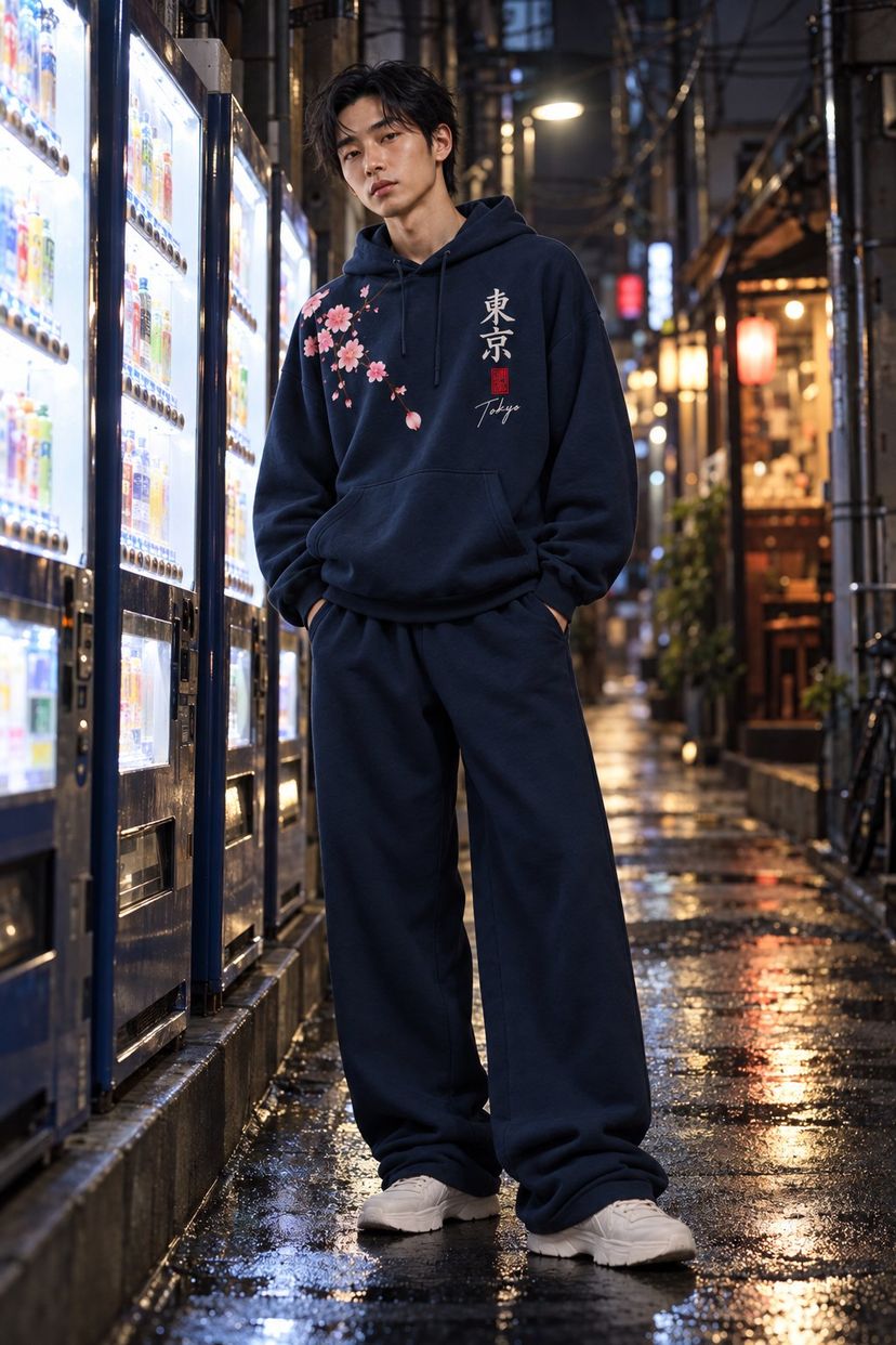 A man in the navy set stands at night beside glowing vending machines in a narrow Tokyo street; on his chest, the sakura branch and 東京 with a red seal