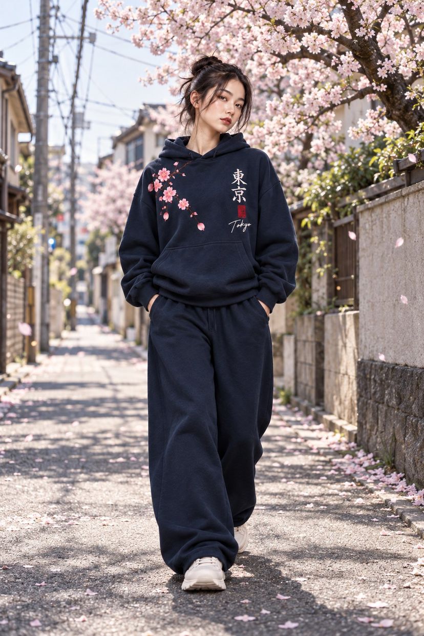 A woman in the navy set walks down a quiet residential street under a cherry tree in full bloom, hands in her pockets