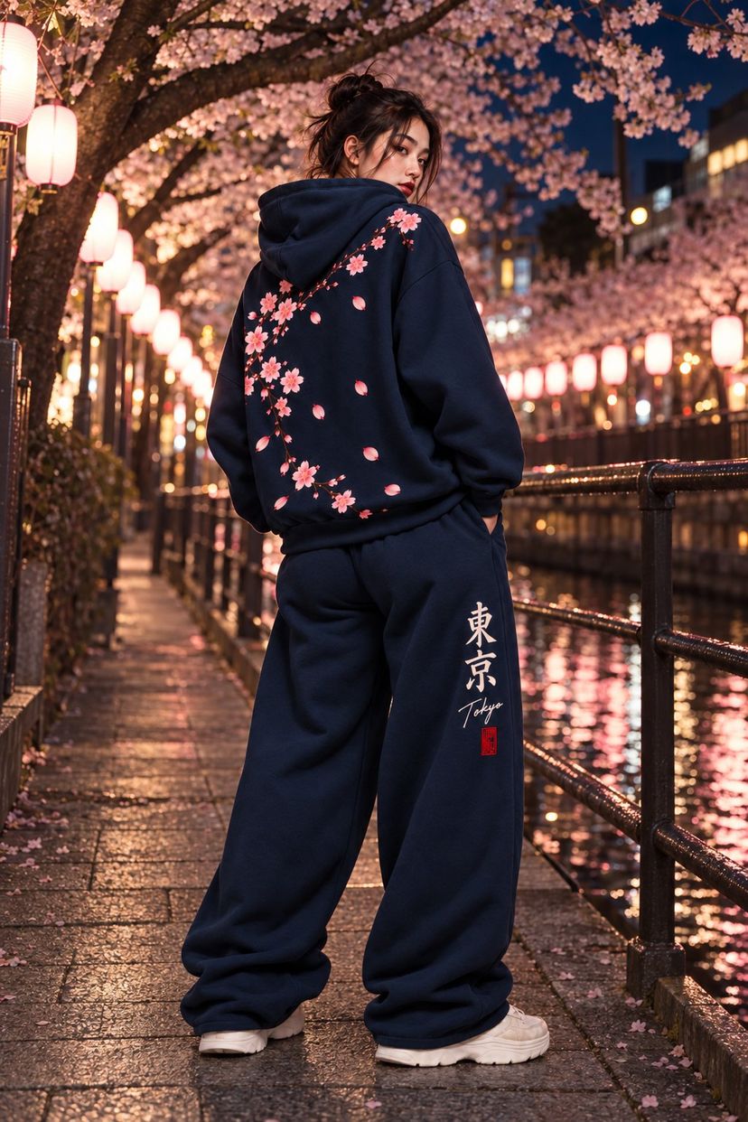 At night on a canal path under cherry trees lit by paper lanterns, a woman in the navy set looks back over her shoulder; a sakura branch is printed across the back of her hoodie