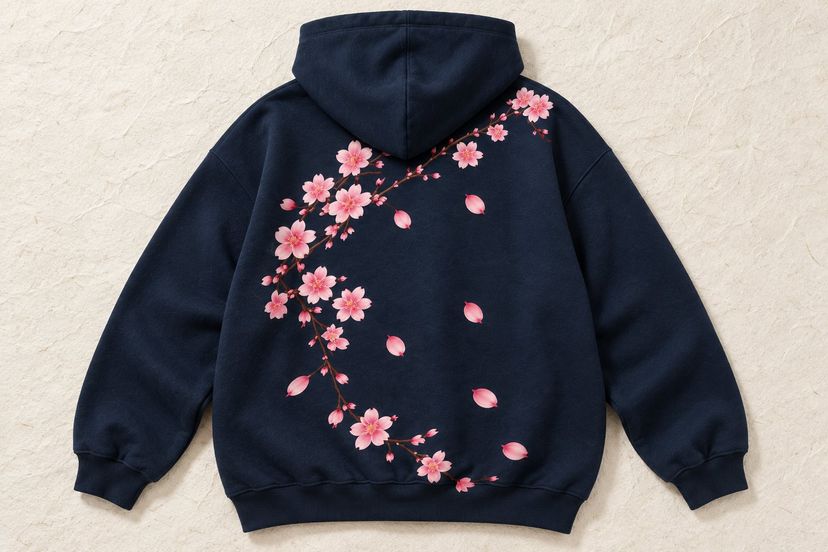 The back of the navy hoodie laid flat on washi paper: a sakura branch arcs from the shoulder down to the hem, petals drifting across the middle