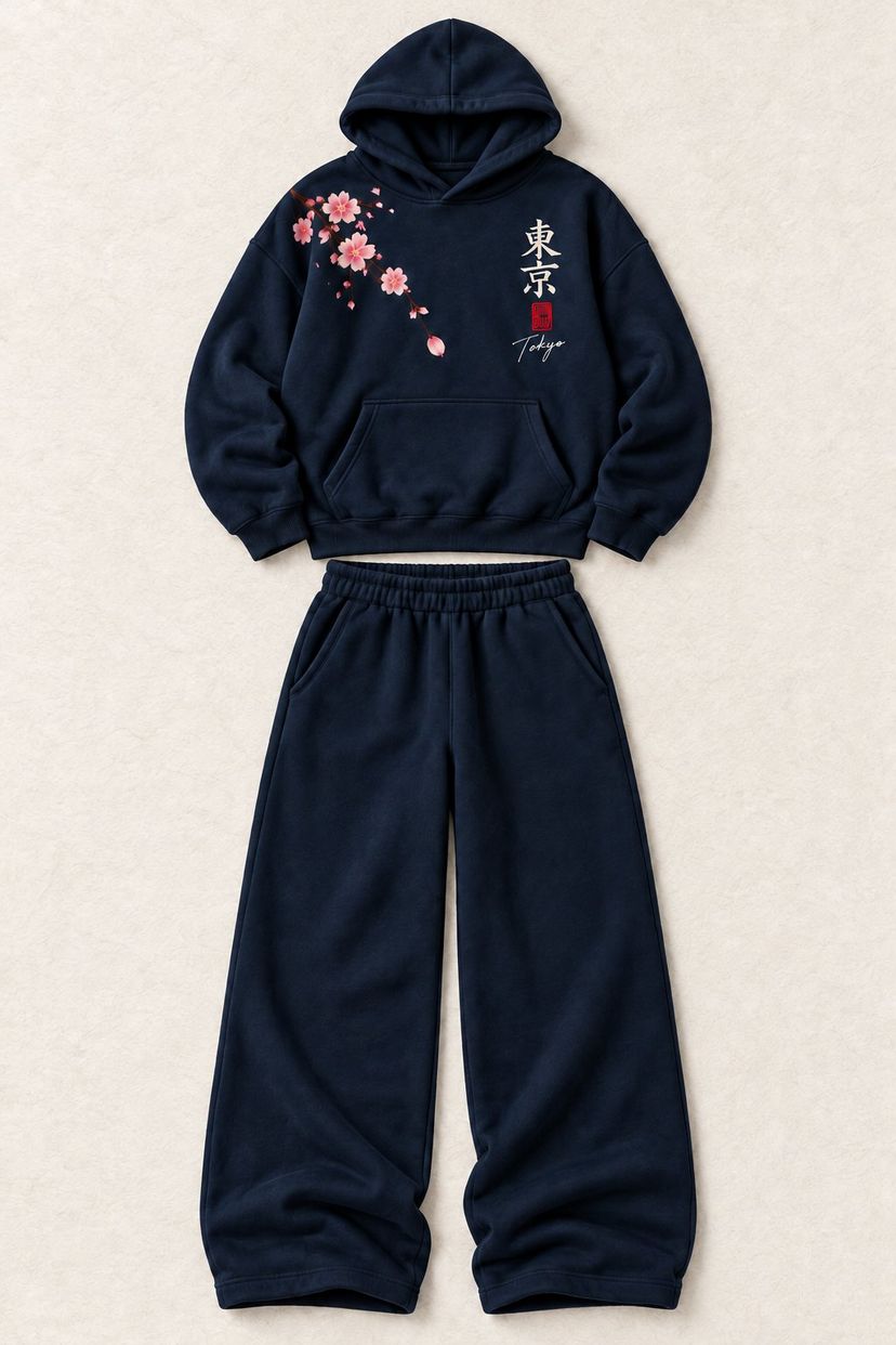 The set laid flat on washi paper: the navy hoodie, with a sakura branch on one side of the chest and 東京, a red seal and Tokyo on the other, above the wide-leg pants