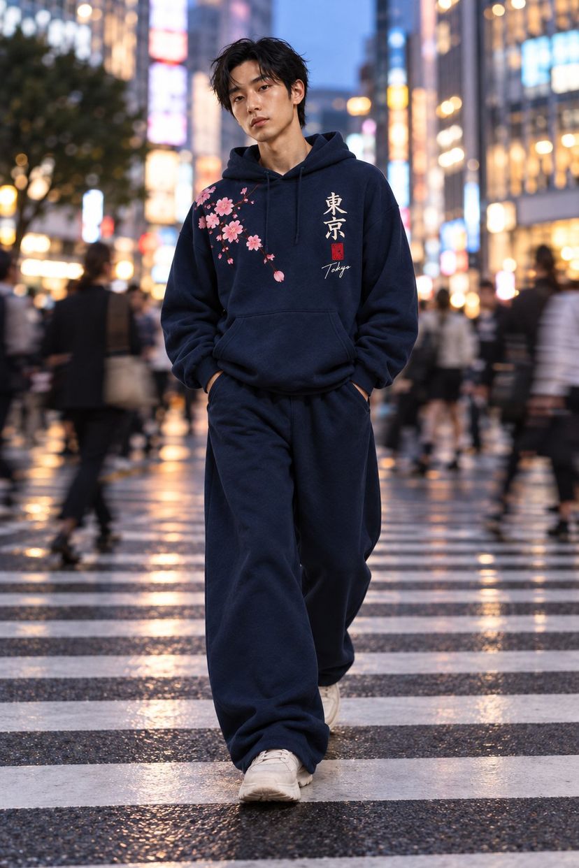 A man in the navy set crosses a wide Tokyo pedestrian crossing at dusk, the city blurred behind him