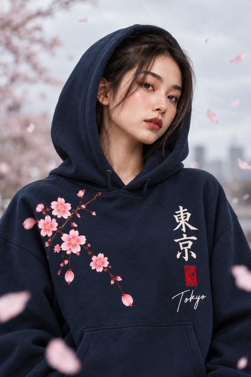 Close portrait of a woman wearing the hood of the navy set up, cherry petals drifting around her; on her chest, the sakura branch and 東京