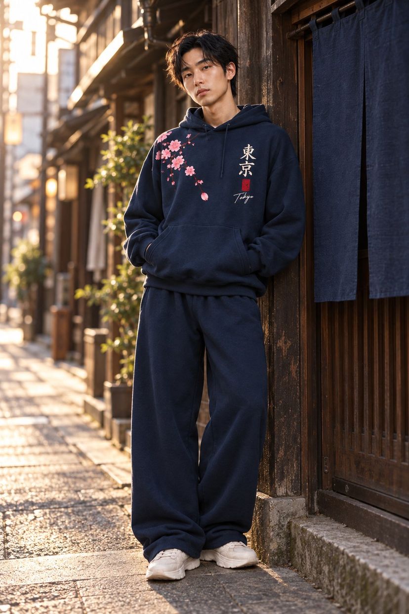 A man in the navy set leans against the wooden front of an old shop beside a plain indigo noren curtain