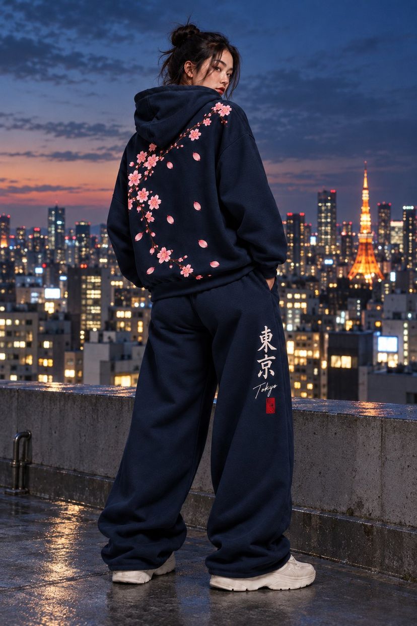 A woman in the navy set seen from behind on a rooftop at dusk, looking at the city and Tokyo Tower; the sakura branch is printed across her back