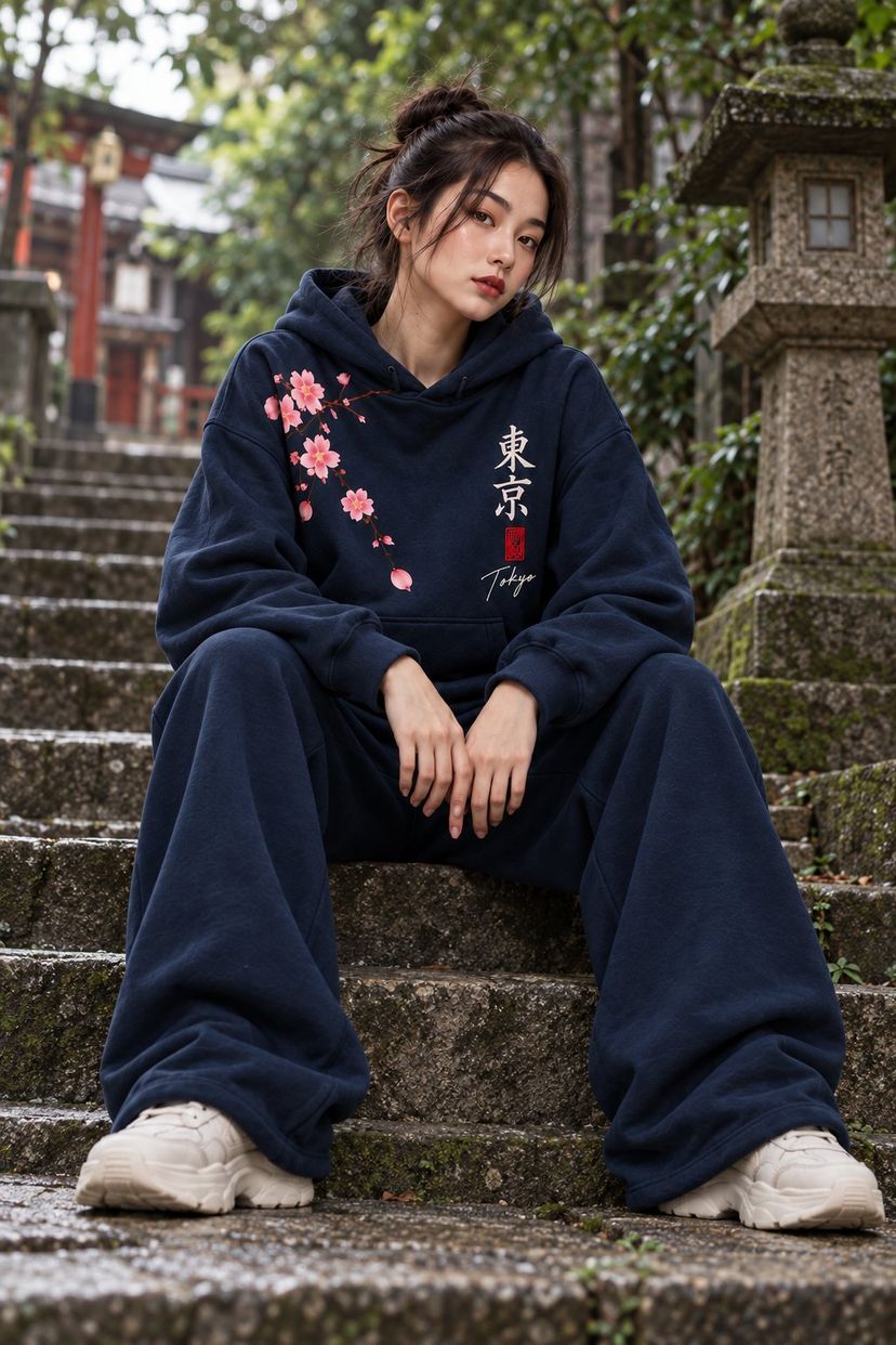 A woman in the navy set sits on the mossy stone steps of a small shrine, a stone lantern beside her