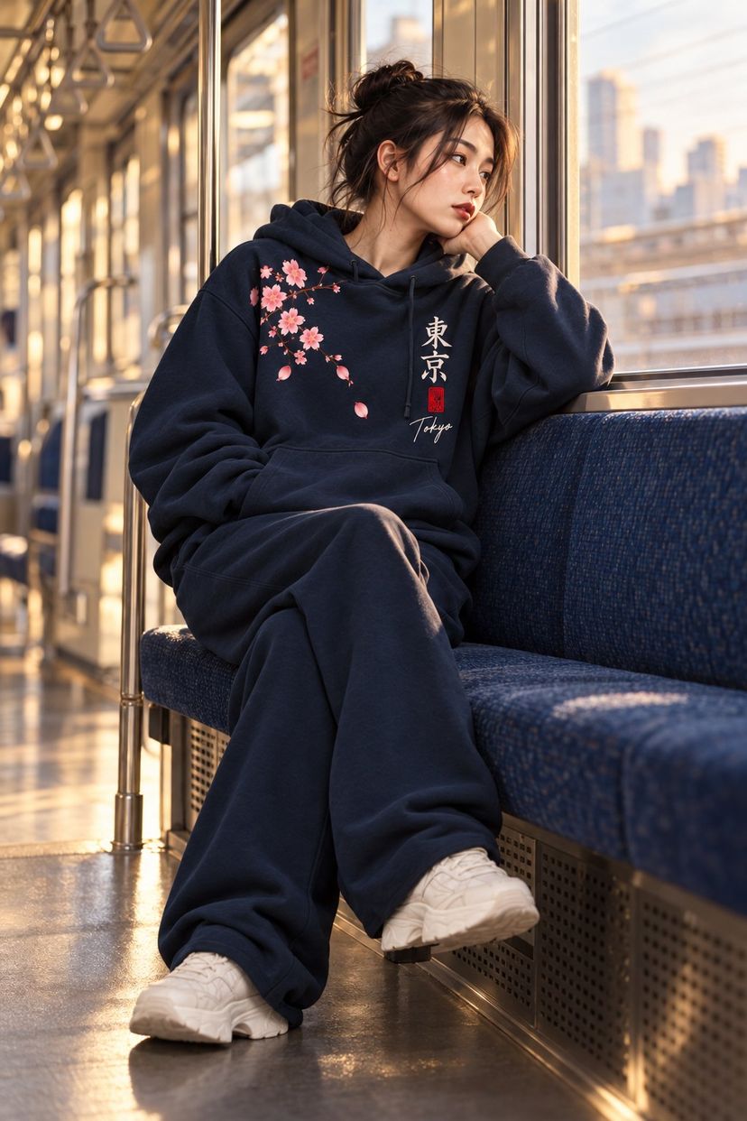 A woman in the navy set sits on a train bench in the late afternoon light, looking out of the window