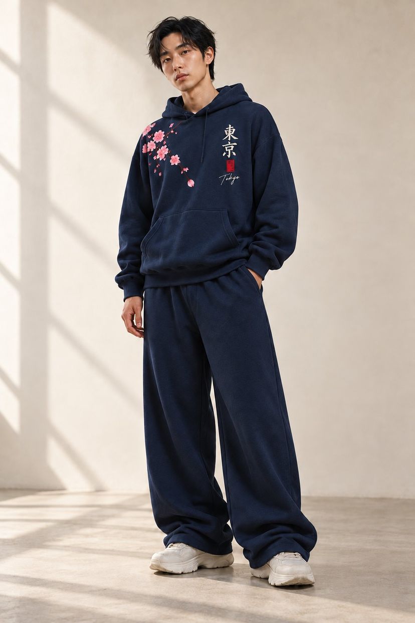 A man in the navy set in a sunlit studio, one hand in a pocket of the wide pants, white sneakers