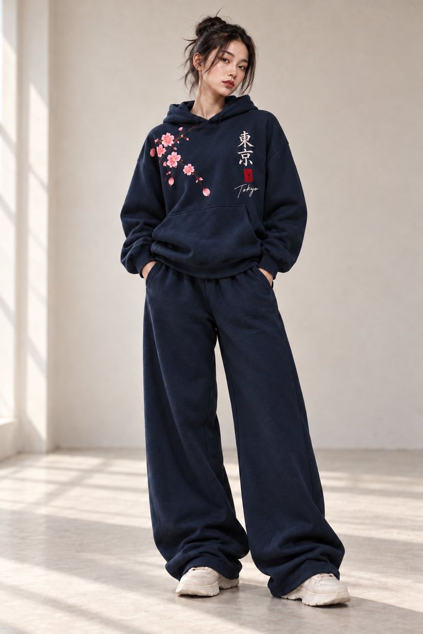 A woman in the navy set in a sunlit studio: the oversized hoodie with its sakura branch and 東京 print, very wide pants, white sneakers